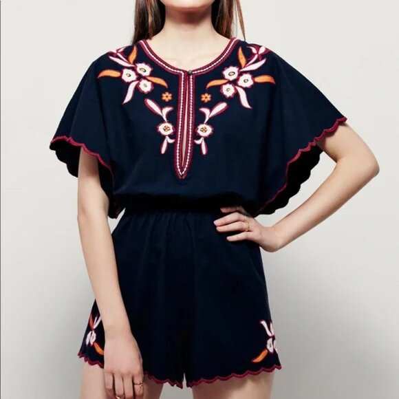 Free People Embroidered Sophia Romper Scalloped Hem Boho Mexican Cotton Festival - Picture 2 of 9